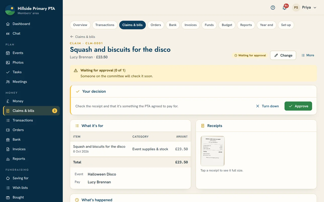 A claim waiting for approval, with the receipt photo and Approve and Turn down buttons