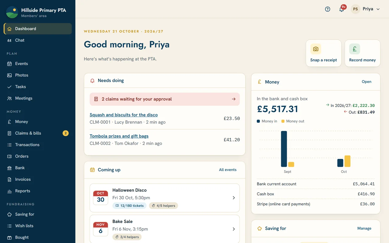 The PTA Central members’ area dashboard for a made-up PTA, showing upcoming events, claims waiting for approval and the money at a glance