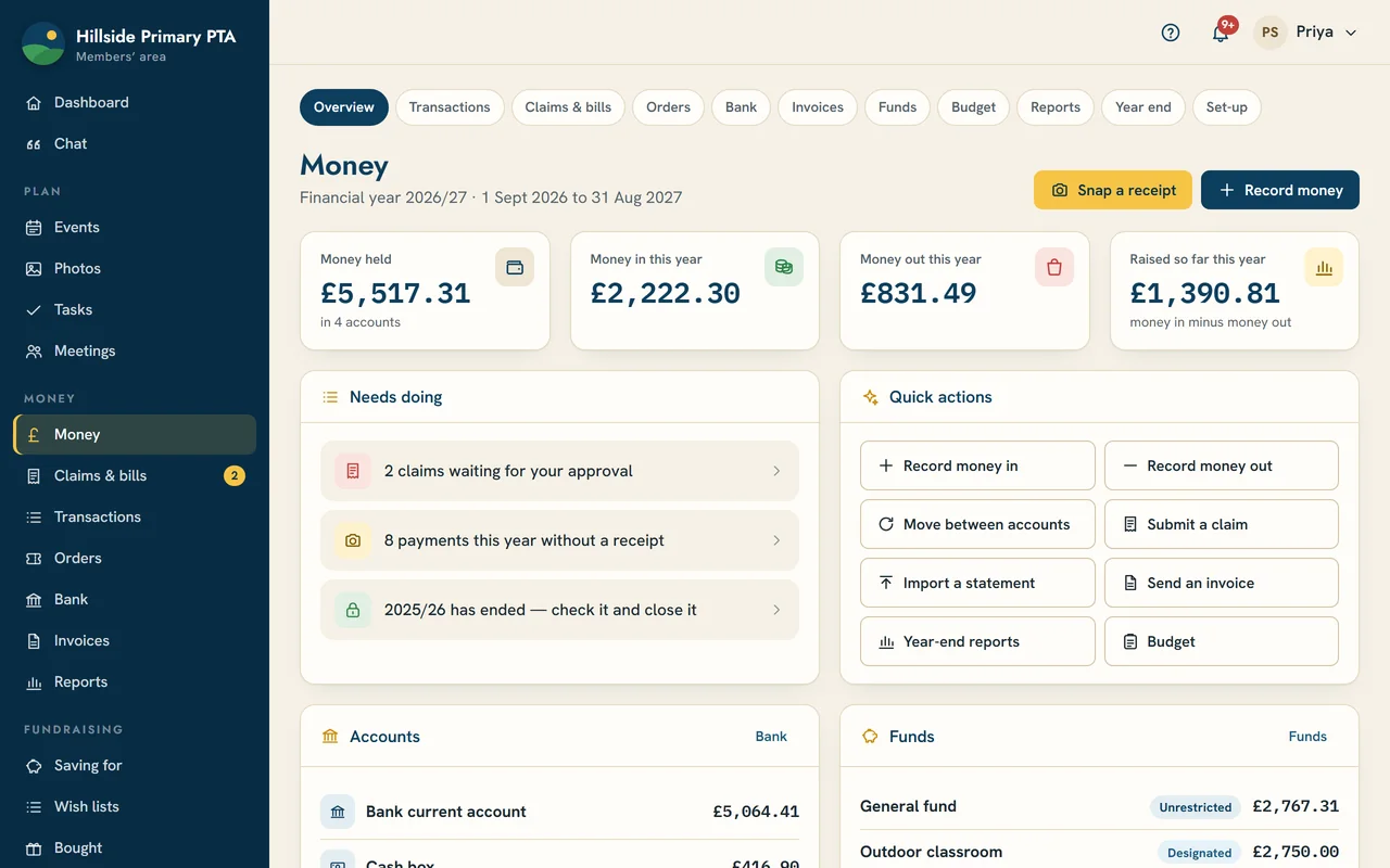 The money section of the members’ area: balances, money in and out, and reports