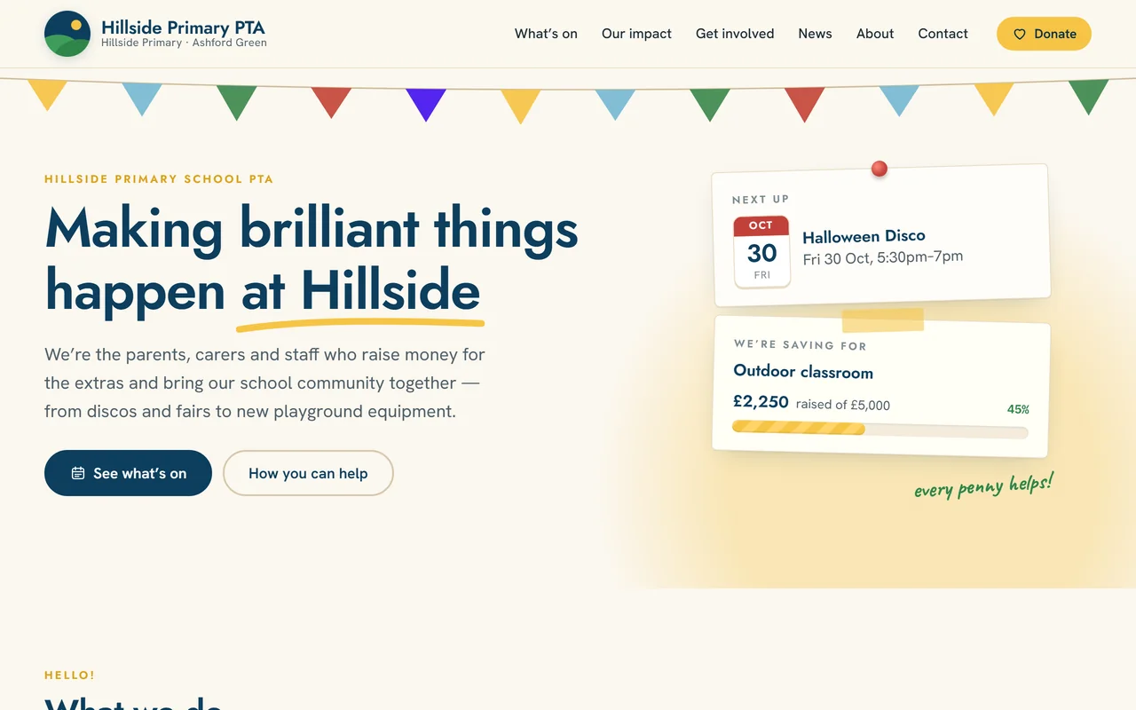 The home page of a made-up PTA’s website on PTA Central, with the next event and fundraising progress